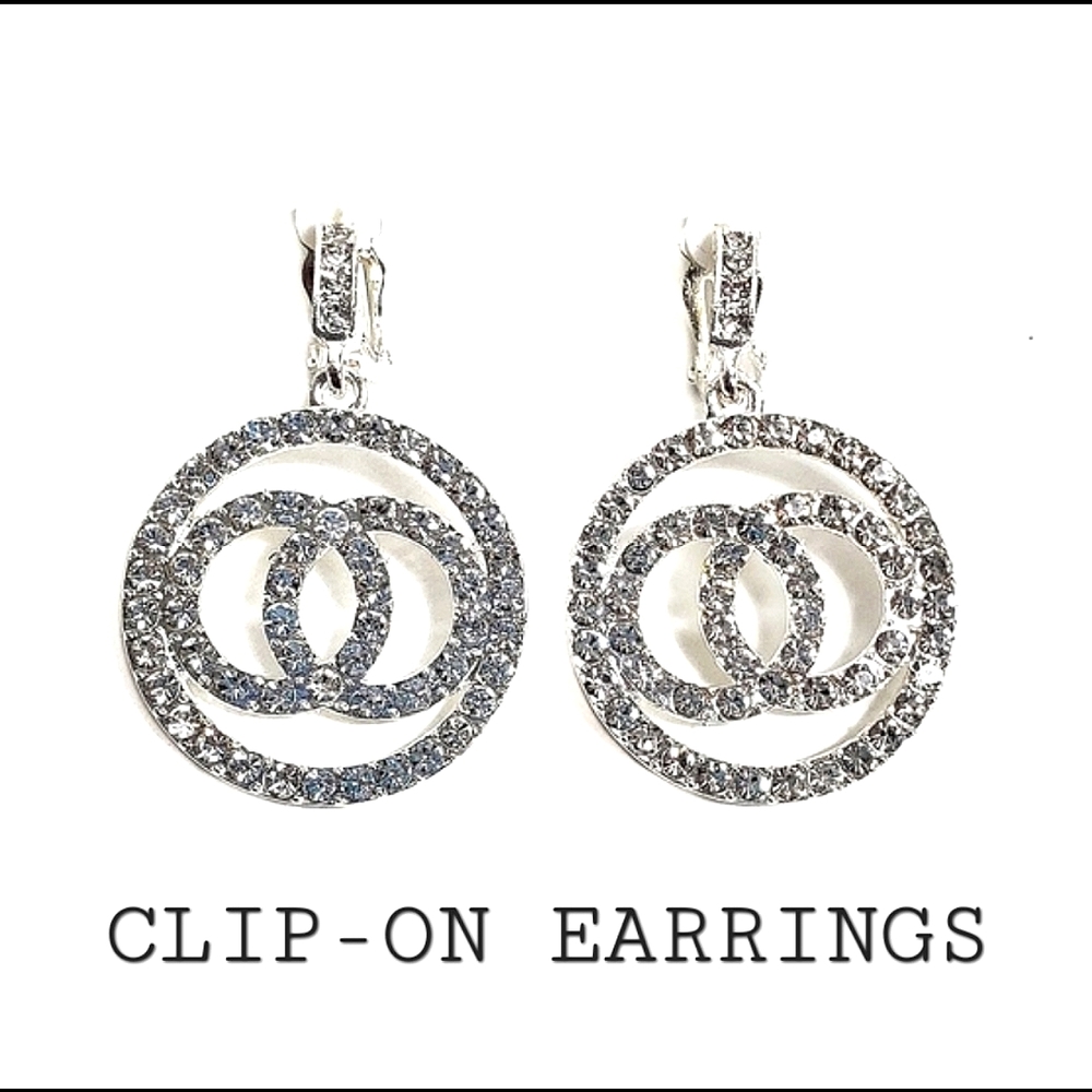 Clip On Bling Earrings, Double O Statement Fancy Silver Earrings Teen Women Gift